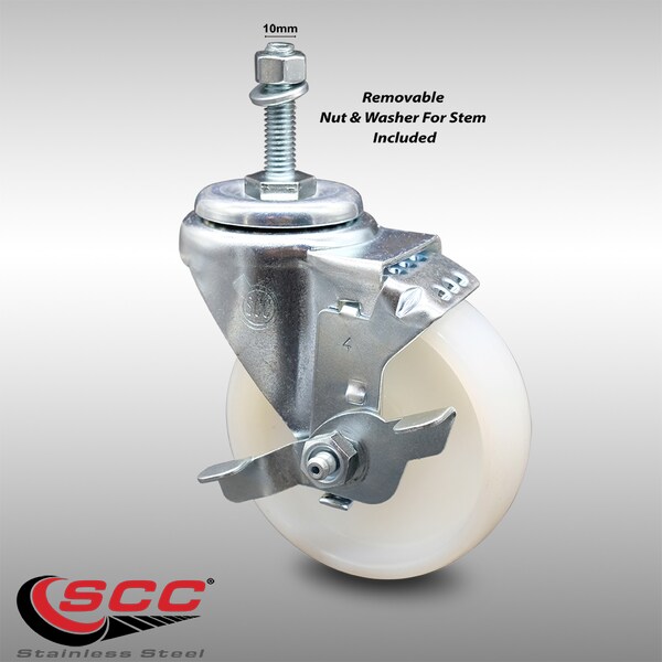 4 Inch SS Nylon Wheel Swivel 10mm Threaded Stem Caster with Brake SCC